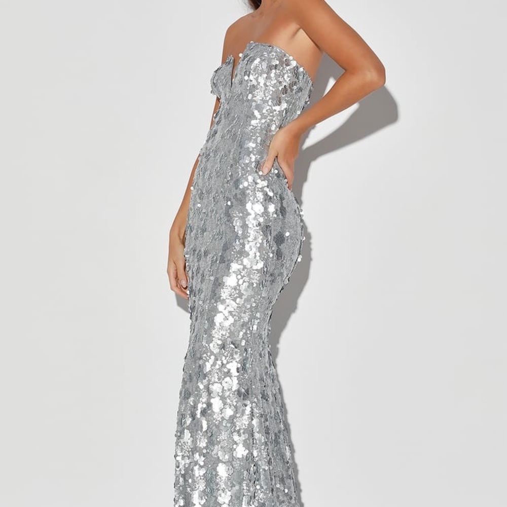 Silver Sequin Strapless Mermaid Maxi Dress - Picture 3 of 6